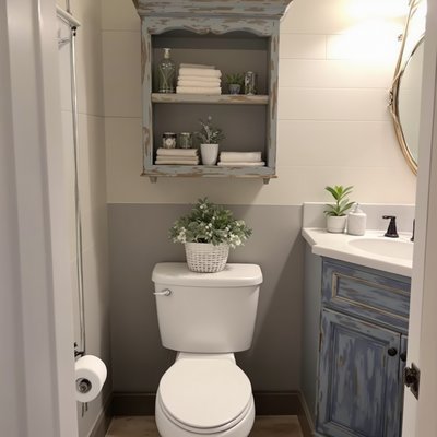 Rustikales Badezimmer mit weißen Armaturen und blauen, gealterten Holzschränken