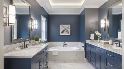 Zeitgenössisches blau-weißes Badezimmer mit Marmor-Arbeitsplatten und Badewanne