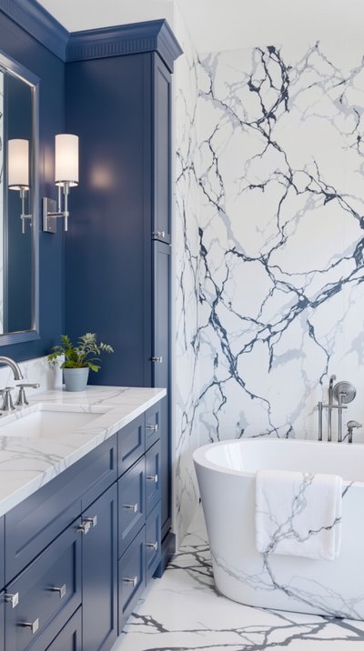 Zeitgenössisches blau-weißes Badezimmer mit Marmor-Arbeitsplatten und Badewanne