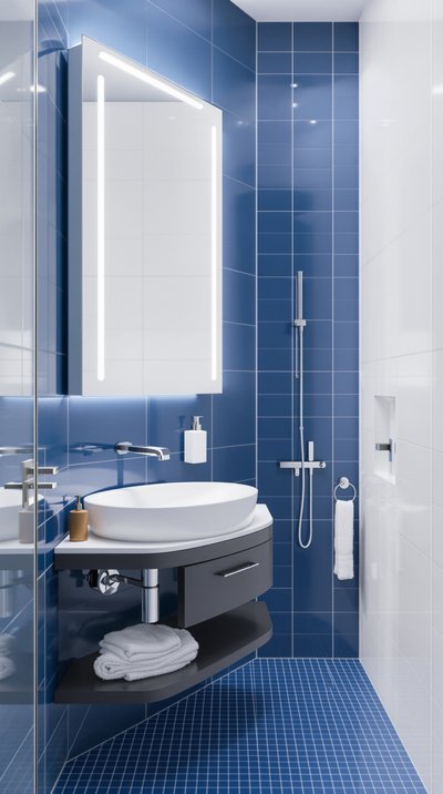 Minimalistisches blau-weißes Badezimmer mit schlanken, modernen Armaturen