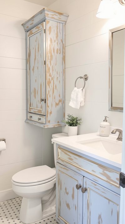 Rustikales Badezimmer mit weißen Armaturen und blauen, gealterten Holzschränken