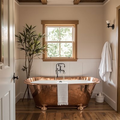 Gemütliches und warmes Bauernhaus-Badezimmer mit einer freistehenden Kupferbadewanne, Holzböden und weicher Umgebungsbeleuchtung