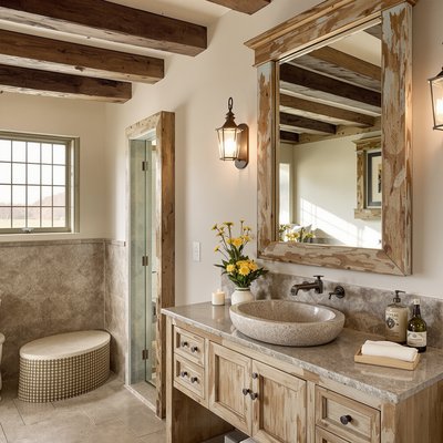 Rustikales Landhaus-Badezimmer mit freiliegenden Balken, einem Steinspülbecken und einem großen Spiegel mit einem verwitterten Holzrahmen