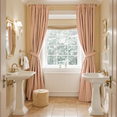 Geräumiges Badezimmer im Landhausstil mit einem großen Fenster, karierten Vorhängen und einem Porzellan-Pedestalwaschbecken