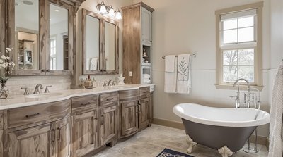 Badezimmer im Landhausstil mit einer freistehenden Klauenfußwanne und rustikalen Holzschränken