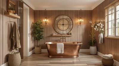 Gemütliches und warmes Bauernhaus-Badezimmer mit einer freistehenden Kupferbadewanne, Holzböden und weicher Umgebungsbeleuchtung