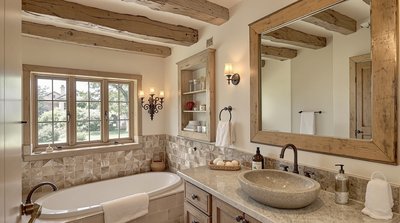 Rustikales Landhaus-Badezimmer mit freiliegenden Balken, einem Steinspülbecken und einem großen Spiegel mit einem verwitterten Holzrahmen