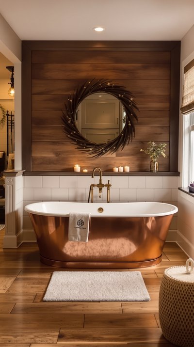 Gemütliches und warmes Bauernhaus-Badezimmer mit einer freistehenden Kupferbadewanne, Holzböden und weicher Umgebungsbeleuchtung