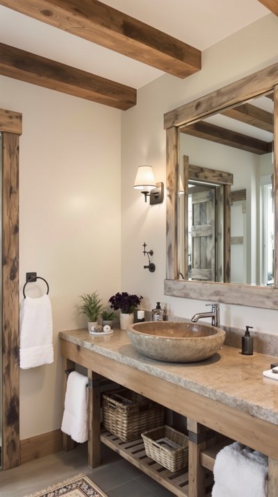 Rustikales Landhaus-Badezimmer mit freiliegenden Balken, einem Steinspülbecken und einem großen Spiegel mit einem verwitterten Holzrahmen
