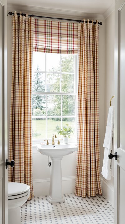 Geräumiges Badezimmer im Landhausstil mit einem großen Fenster, karierten Vorhängen und einem Porzellan-Pedestalwaschbecken