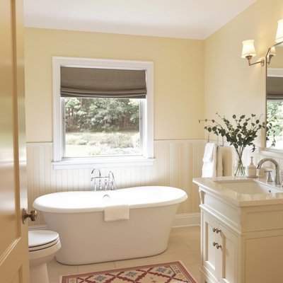 Gemütliches Badezimmer mit pastellgelben Wänden, freistehender Badewanne und Bauernhaus-Waschbecken.