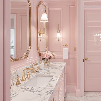 Luxuriöses pastellrosa Badezimmer mit goldfarbenen Armaturen und Marmor-Arbeitsplatten.