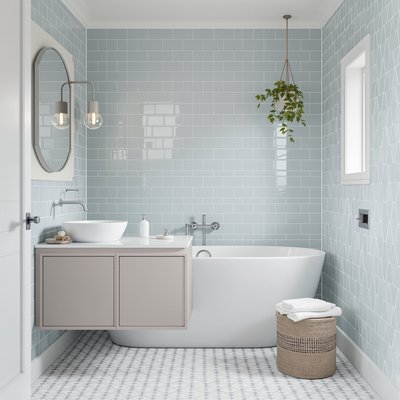 Skandinavisches Badezimmer in sanften Pastellblautönen mit geometrischen Fliesen.