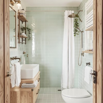 Kleines Badezimmer mit pastellgrünen Fliesen und Elementen aus natürlichem Holz.
