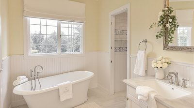 Gemütliches Badezimmer mit pastellgelben Wänden, freistehender Badewanne und Bauernhaus-Waschbecken.