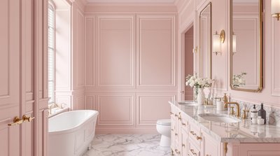 Luxuriöses pastellrosa Badezimmer mit goldfarbenen Armaturen und Marmor-Arbeitsplatten.