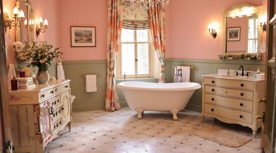 Pastellfarbenes Badezimmer mit weißer, freistehender Badewanne und Vintage-Waschtisch.
