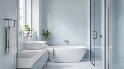 Skandinavisches Badezimmer in sanften Pastellblautönen mit geometrischen Fliesen.