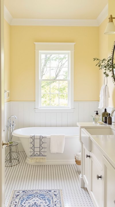 Gemütliches Badezimmer mit pastellgelben Wänden, freistehender Badewanne und Bauernhaus-Waschbecken.