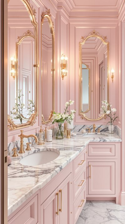 Luxuriöses pastellrosa Badezimmer mit goldfarbenen Armaturen und Marmor-Arbeitsplatten.