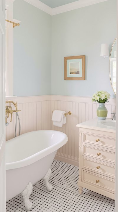 Pastellfarbenes Badezimmer mit weißer, freistehender Badewanne und Vintage-Waschtisch.