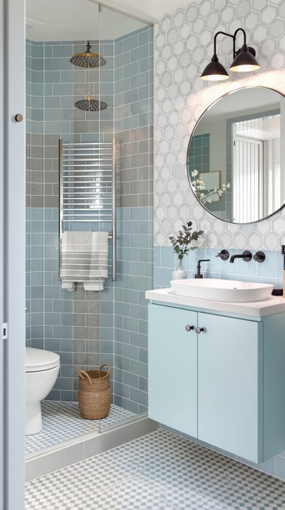 Skandinavisches Badezimmer in sanften Pastellblautönen mit geometrischen Fliesen.