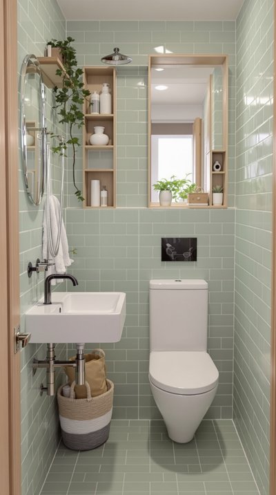 Kleines Badezimmer mit pastellgrünen Fliesen und Elementen aus natürlichem Holz.