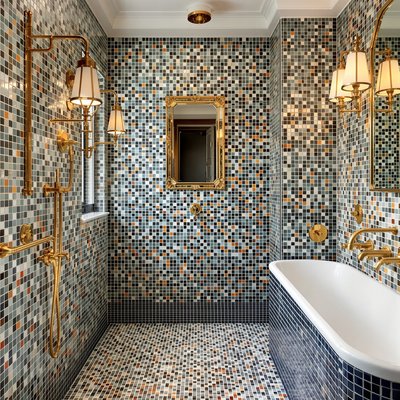 Badezimmer im Art-Deco-Stil mit bunten Mosaikfliesen und goldenen Armaturen