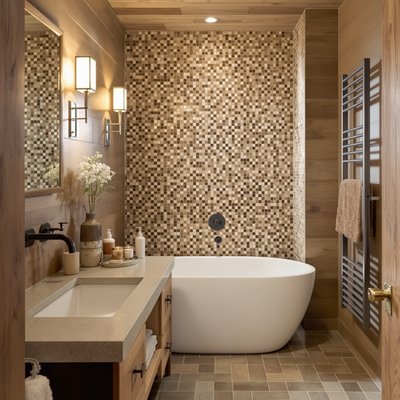 Rustikales Badezimmer mit erdfarbenen Mosaikfliesen und Holzakzenten