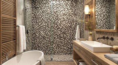 Rustikales Badezimmer mit erdfarbenen Mosaikfliesen und Holzakzenten