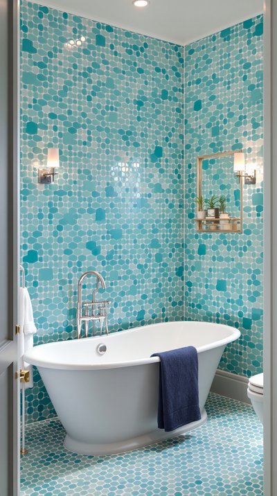 Luxuriöses Badezimmer mit türkisfarbenen Mosaikfliesen und einer freistehenden Badewanne