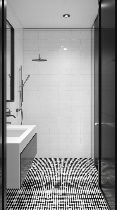 Minimalistisches Badezimmer mit schwarz-weißen Mosaikfliesenmustern
