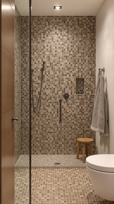 Rustikales Badezimmer mit erdfarbenen Mosaikfliesen und Holzakzenten