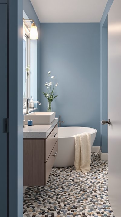 Spa-inspiriertes Badezimmer mit Kieselmosaikboden und ruhigen blauen Wänden