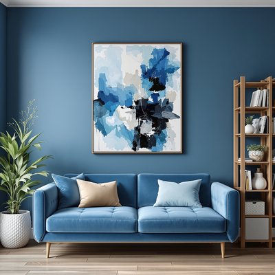 Gemütliches, blau-thematisiertes Büro mit einem plüschigen Sofa, hölzernem Bücherregal und abstrakter Wandkunst.