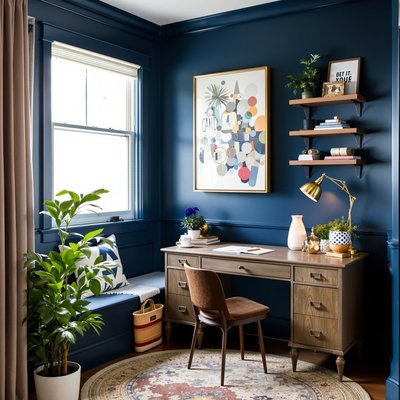 Eclectischer Büronischenbereich mit marineblauen Akzenten, Vintage-Schreibtisch und Messingbeleuchtung.