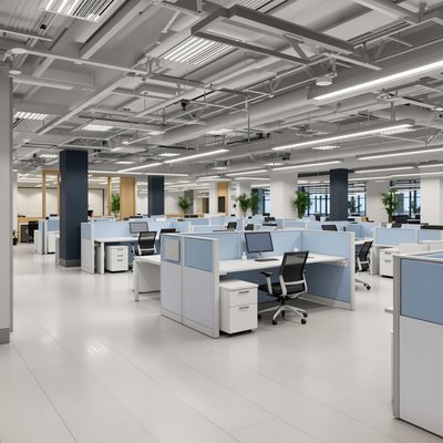 Geräumiges Unternehmensbüro mit hellblauen Bürokabinen und schlanken, modernen Einrichtungsgegenständen.