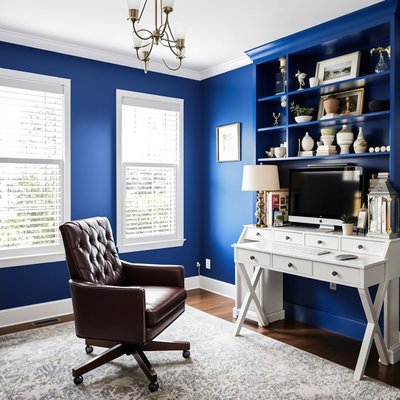 Traditionelles Homeoffice mit königsblauen Wänden, weißem Schreibtisch und Ledersessel.
