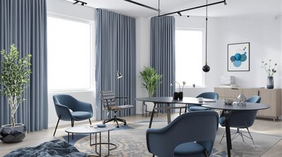 Zeitgemäßer Bürobereich mit Blautönen und minimalistischen Möbeln.