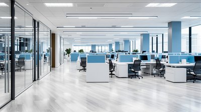 Geräumiges Unternehmensbüro mit hellblauen Bürokabinen und schlanken, modernen Einrichtungsgegenständen.