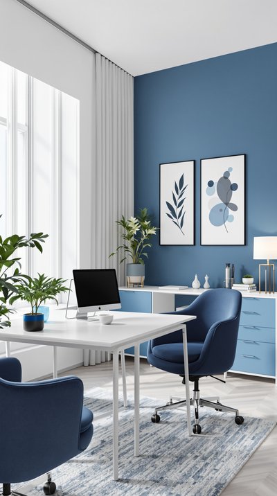 Zeitgemäßer Bürobereich mit Blautönen und minimalistischen Möbeln.