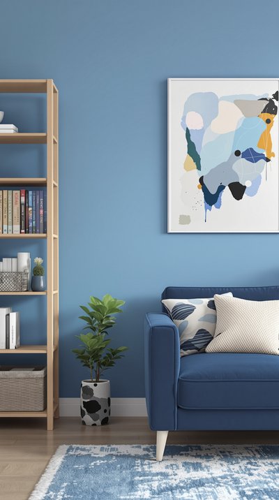 Gemütliches, blau-thematisiertes Büro mit einem plüschigen Sofa, hölzernem Bücherregal und abstrakter Wandkunst.