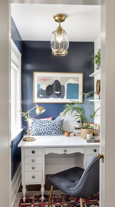 Eclectischer Büronischenbereich mit marineblauen Akzenten, Vintage-Schreibtisch und Messingbeleuchtung.