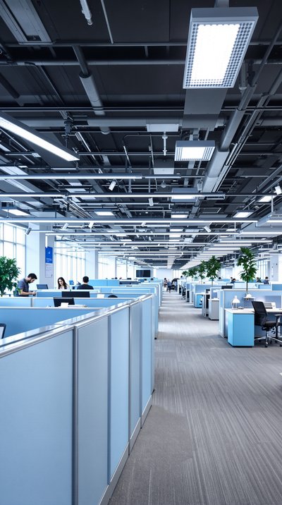 Geräumiges Unternehmensbüro mit hellblauen Bürokabinen und schlanken, modernen Einrichtungsgegenständen.