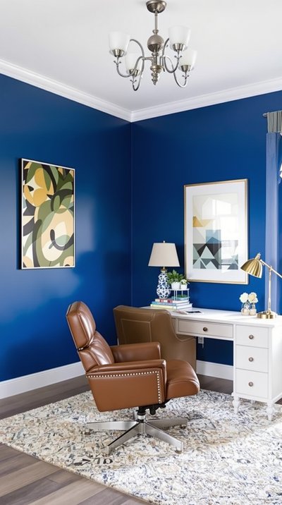 Traditionelles Homeoffice mit königsblauen Wänden, weißem Schreibtisch und Ledersessel.