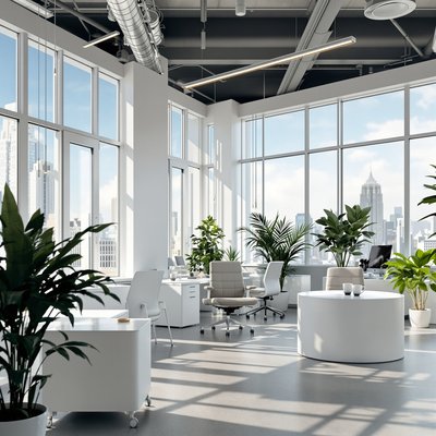 Helles Bürointerieur mit großen Fenstern, weißen Möbeln und Topffarnen