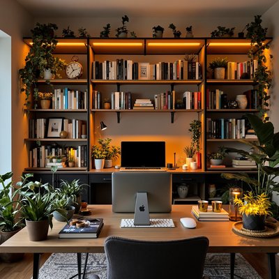 Gemütliches Homeoffice mit Bücherregalen, warmer Beleuchtung und Sukkulenten auf dem Schreibtisch
