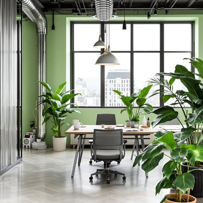 Büro im Industriestil mit Metallakzenten, grünen Wänden und großen Blattpflanzen