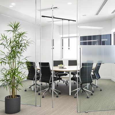 Moderner Besprechungsraum im Büro mit Glaswänden, neutralen Tönen und bodenständigen Bambuspflanzen