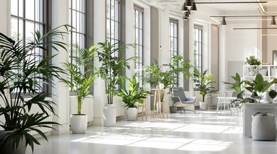 Helles Bürointerieur mit großen Fenstern, weißen Möbeln und Topffarnen